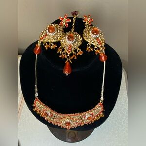 Elegant Indian Gold & Orange Citrine & Amber Necklace & Earrings Set